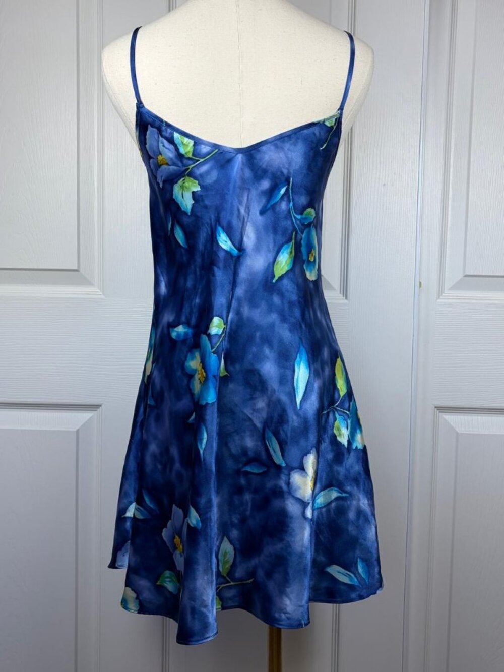 Blue floral satin mini slip dress